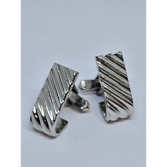 Swank Sterling Silver Cufflinks Curved Rectangular Ribbed Pattern Signed 13.3g - Picture 2 of 8